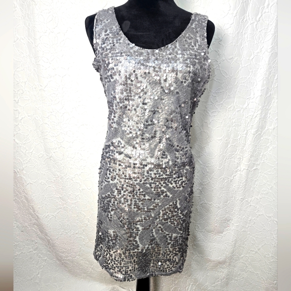 Elegant Silver Sequin Dress Body Con Size Large